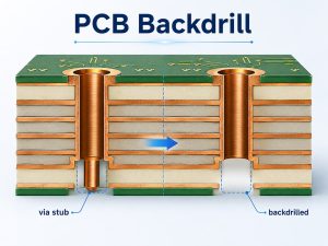 PCB backdrill comparison showing an unused via stub and a backdrilled via