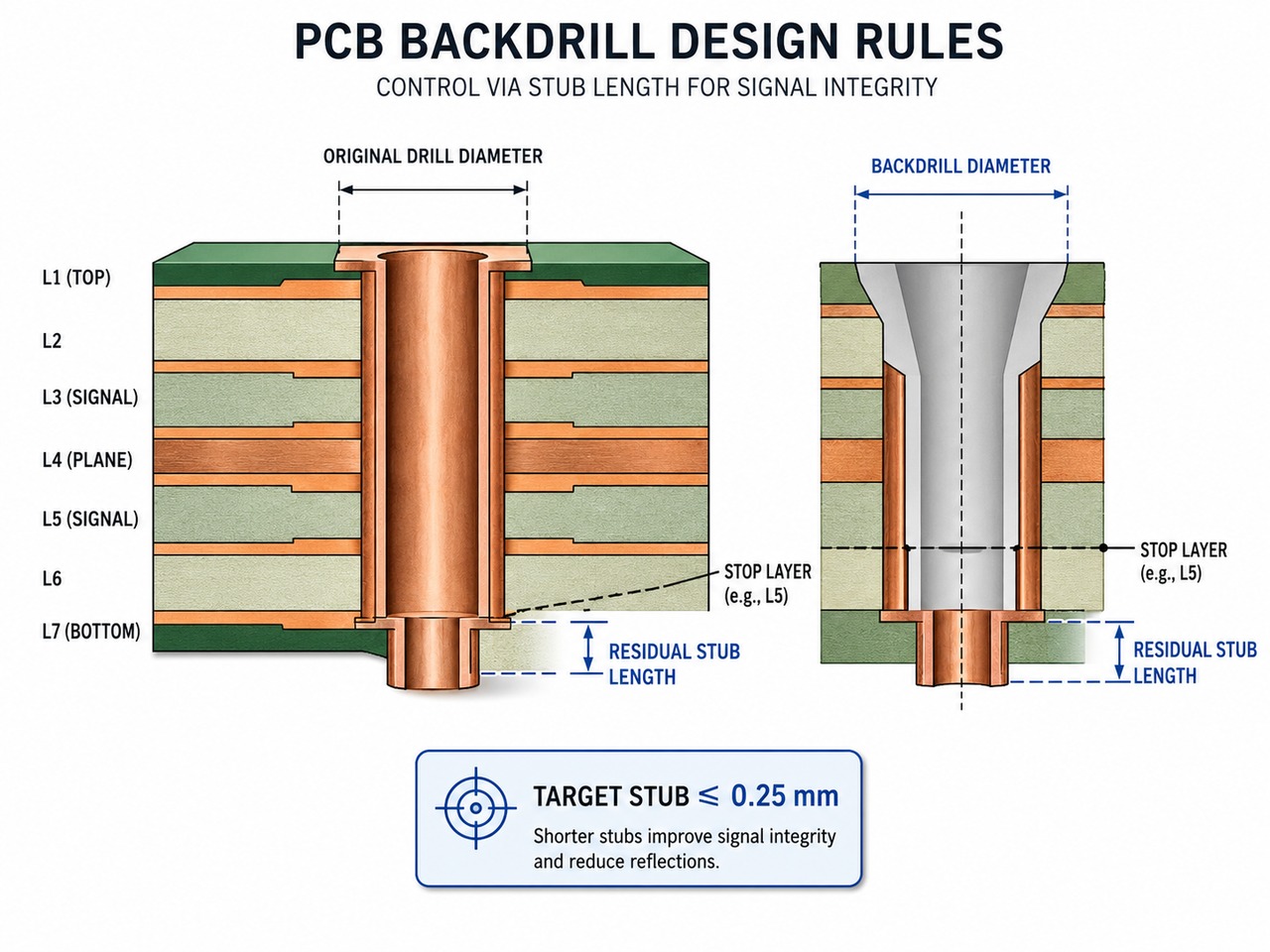 PCB backdrill design rules showing drill diameter, stop layer, and residual stub length
