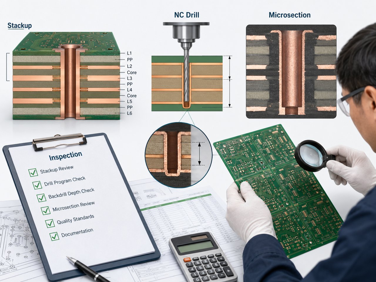 PCB backdrill stackup review, NC drill control, microsection, and inspection workflow