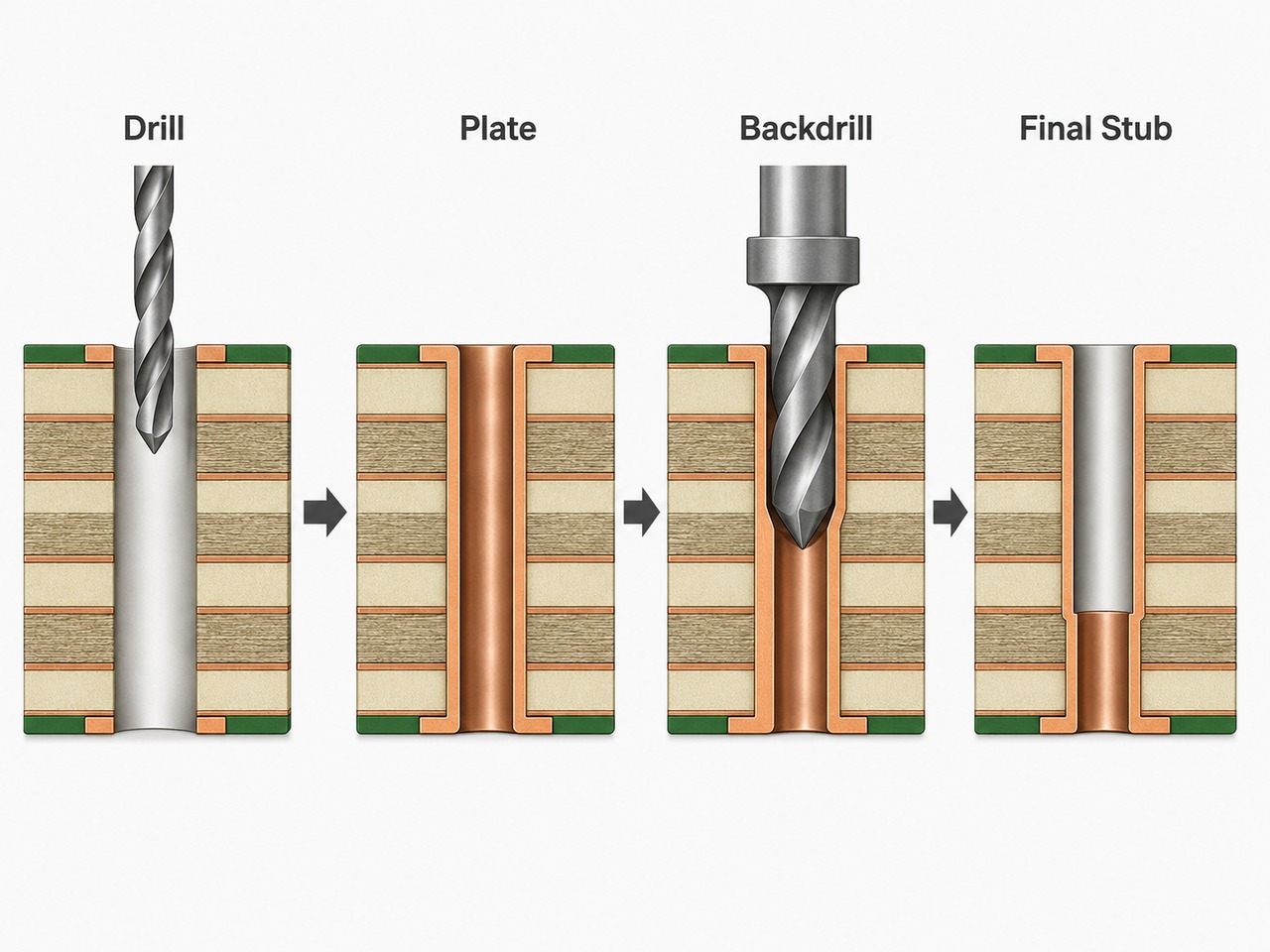 PCB backdrill process from primary drilling and plating to controlled-depth drilling