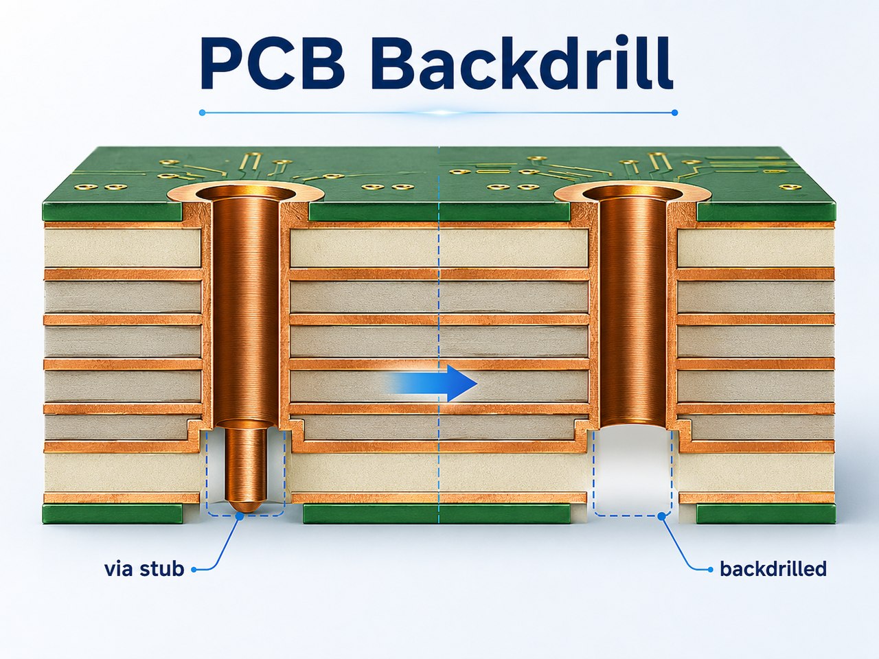 PCB backdrill comparison showing an unused via stub and a backdrilled via