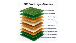 Exploded PCB board layers structure showing top silkscreen, solder mask, copper layers, prepreg, core, inner copper layers, and bottom silkscreen