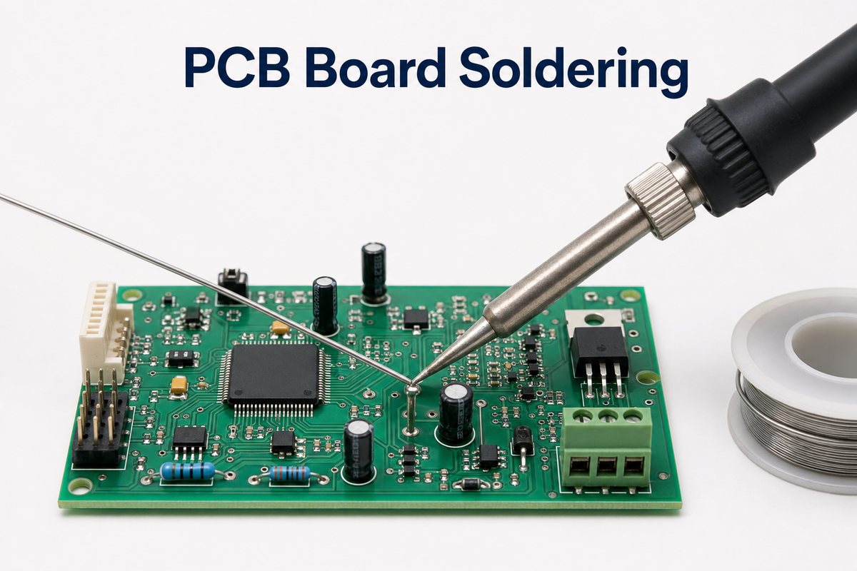 PCB Board Soldering with a temperature-controlled iron and solder wire