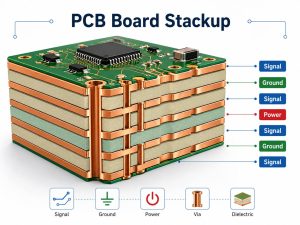 PCB board stackup cutaway showing signal, ground, power, dielectric, and via structures