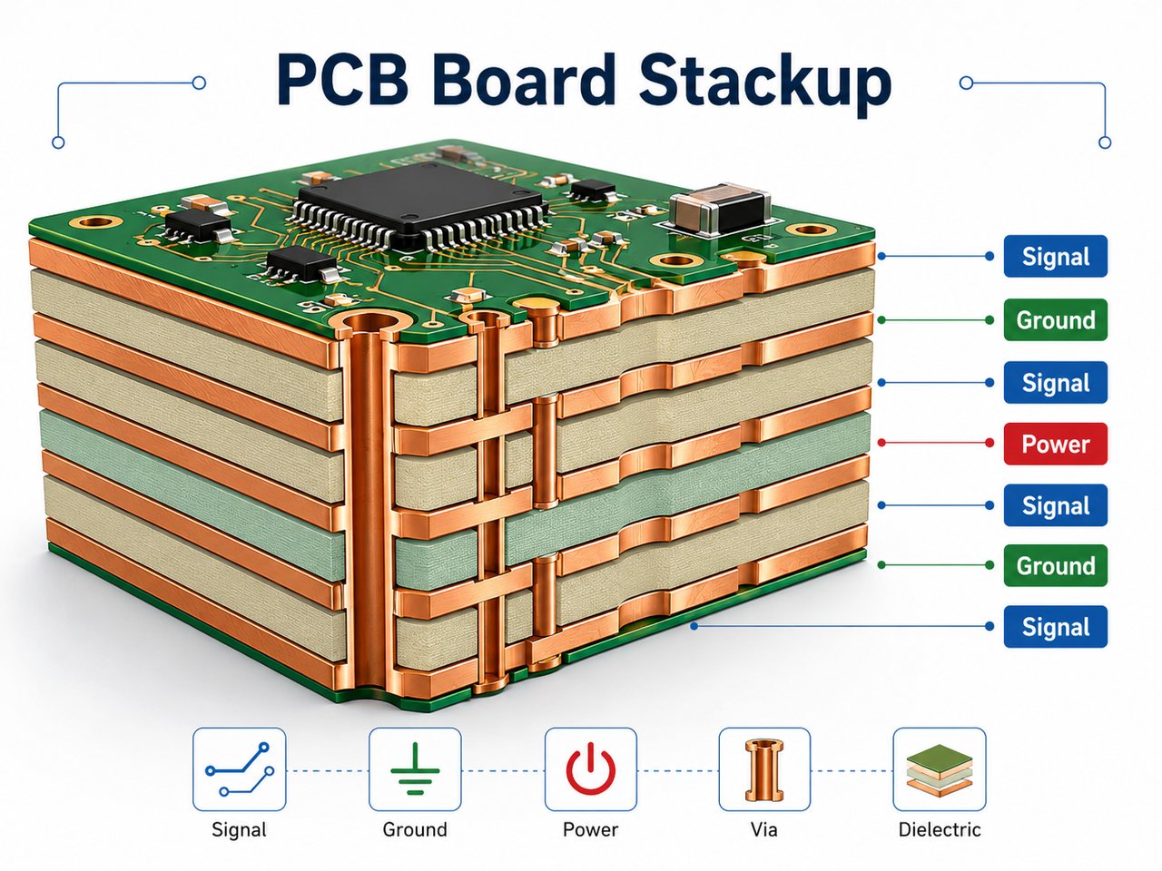 PCB board stackup cutaway showing signal, ground, power, dielectric, and via structures