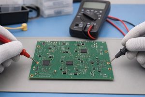 PCB continuity test with multimeter probes placed on exposed test pads