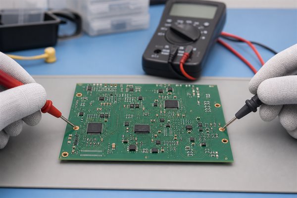 PCB continuity test with multimeter probes placed on exposed test pads