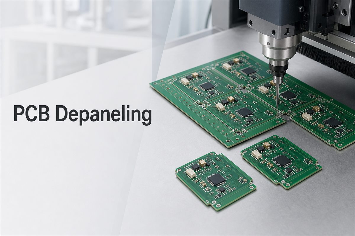 PCB Depaneling shown with a populated panel and separated circuit boards