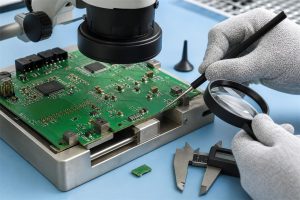 Magnified inspection of a depaneled PCB edge and nearby components