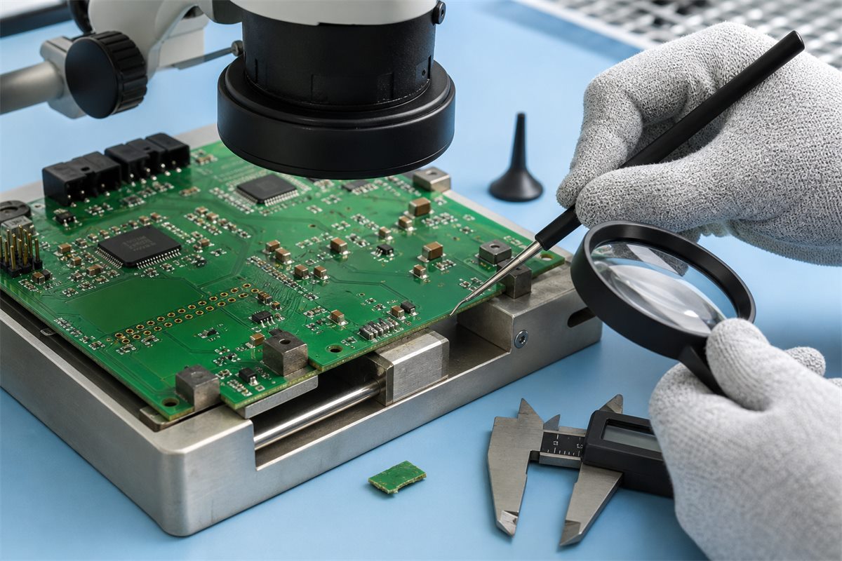 Magnified inspection of a depaneled PCB edge and nearby components