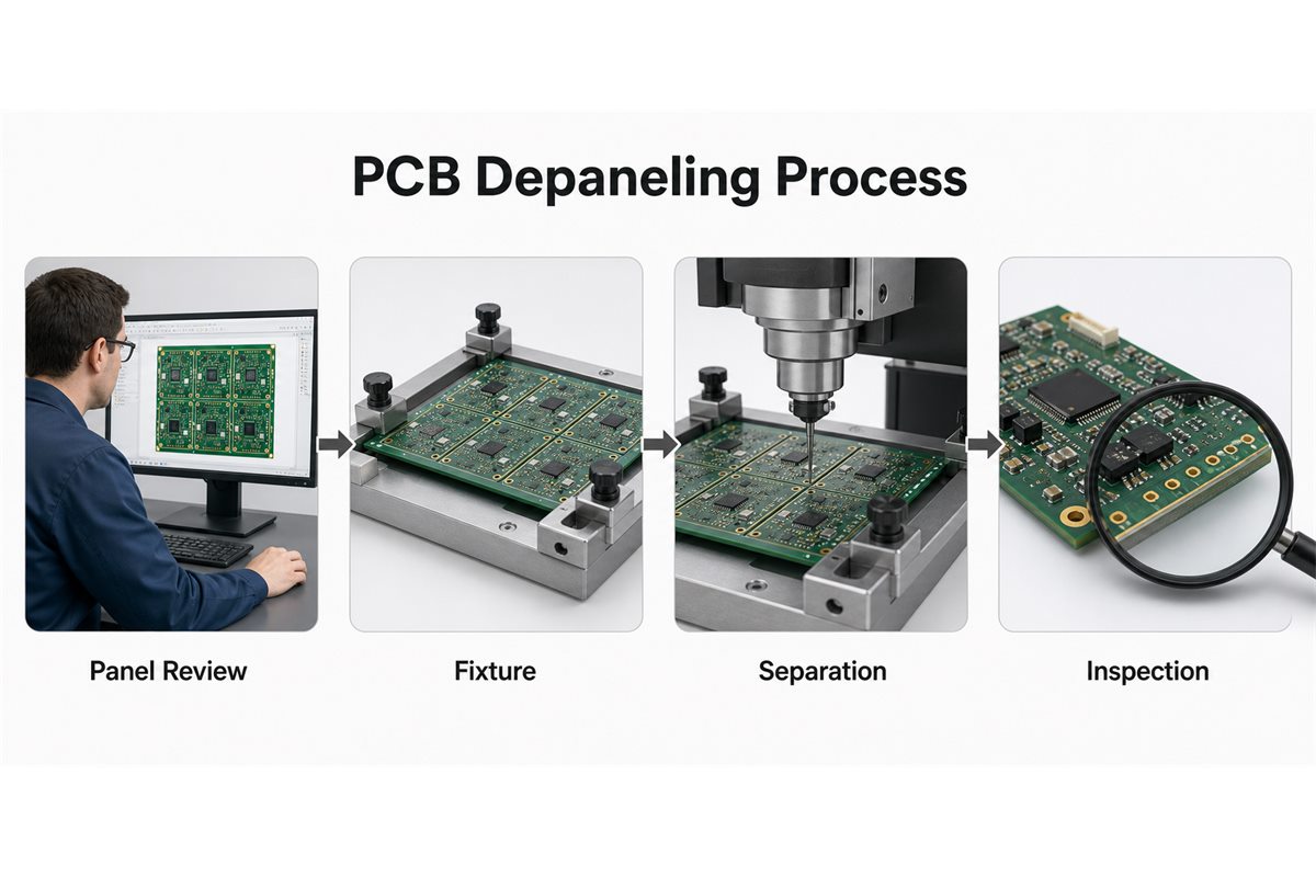 PCB depaneling process showing panel review routing separation and edge inspection