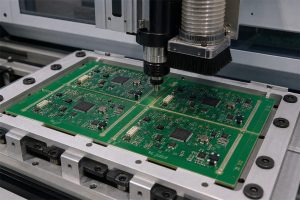 PCB depaneling router cutting breakaway tabs from a populated panel