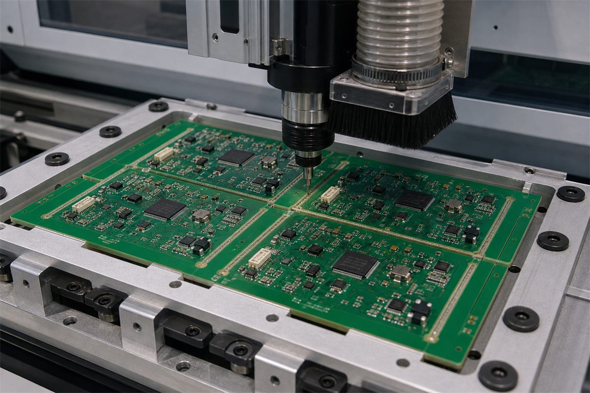 PCB depaneling router cutting breakaway tabs from a populated panel