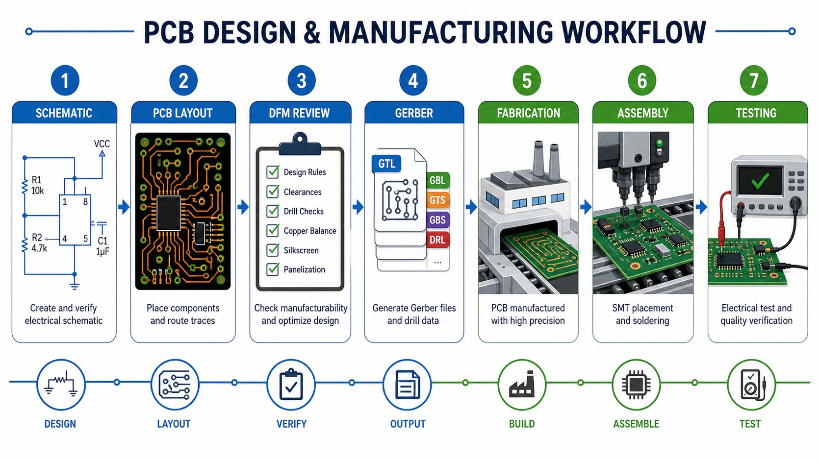 PCB design and manufacturing workflow from schematic and layout to fabrication assembly and testing