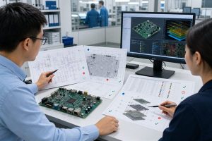 Engineer reviewing PCB schematic fabrication drawing BOM and assembly data