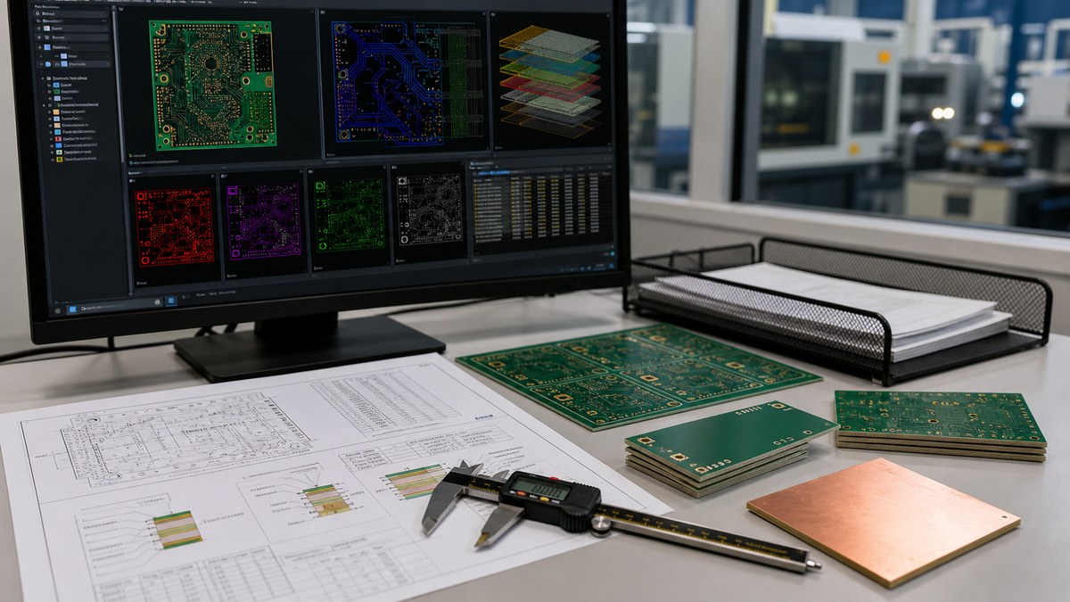 PCB fabrication file review with CAM layers, drill drawing, sample boards and calipers