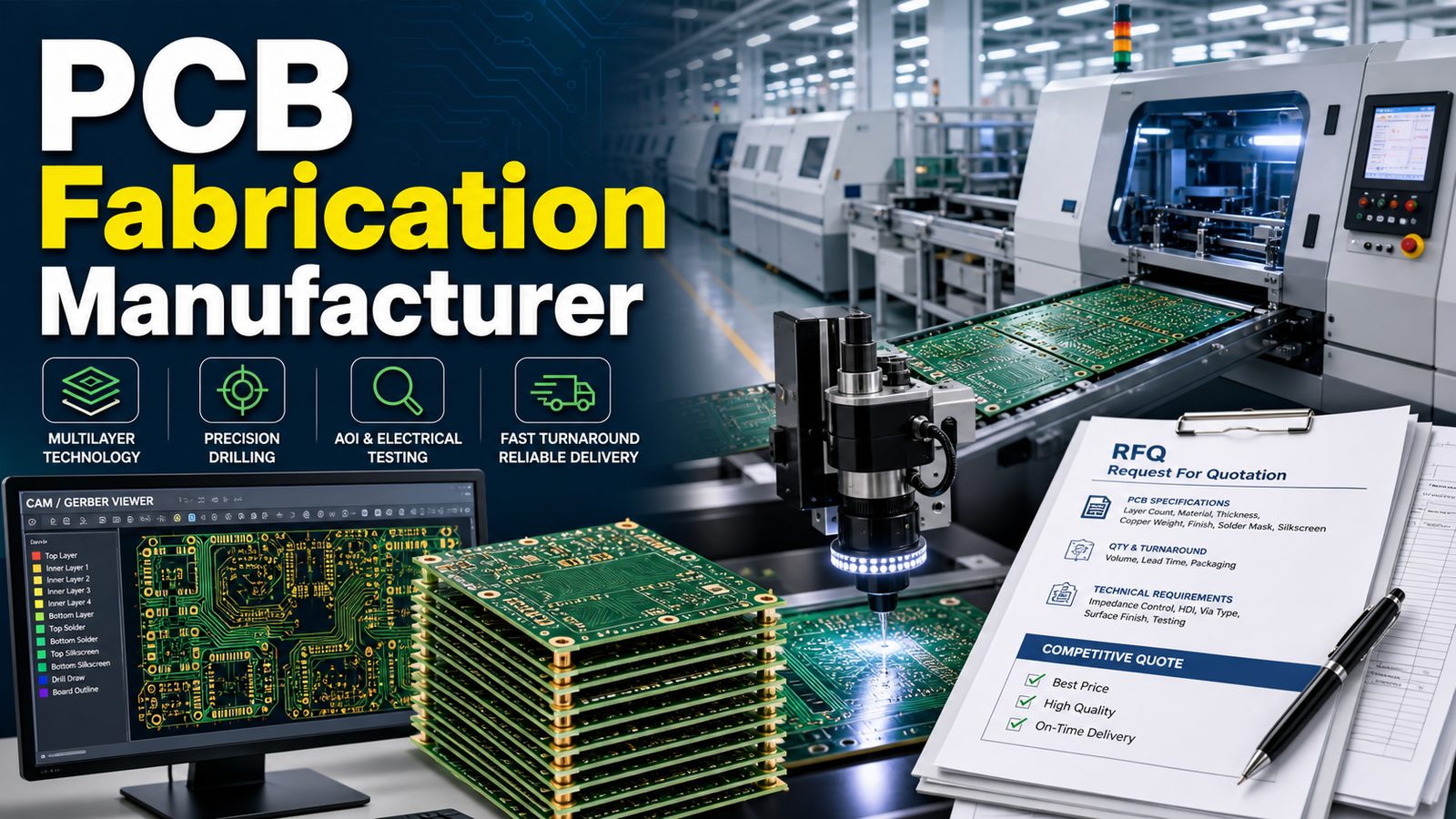 PCB fabrication manufacturer with CAM review drilling inspection and RFQ documents