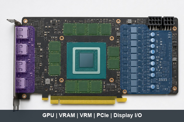 PCB GPU functional zones for processor memory VRM and PCIe interface