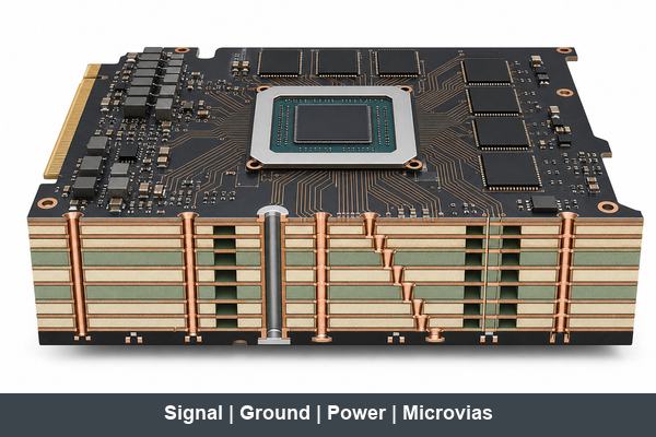 PCB GPU multilayer stackup and controlled high speed routing