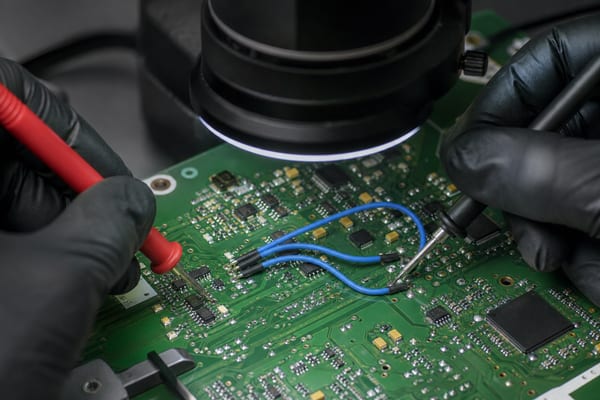 PCB jumper inspection under magnification with electrical probes checking completed connections