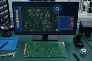 PCB keepout area design review showing antenna, mounting-hole and edge-connector restrictions