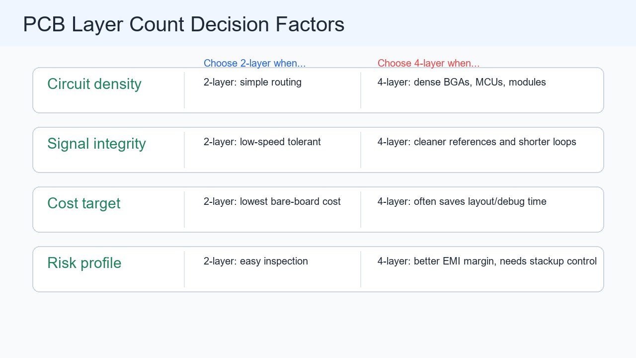 Decision factors for choosing between a 2 layer PCB and a 4 layer PCB