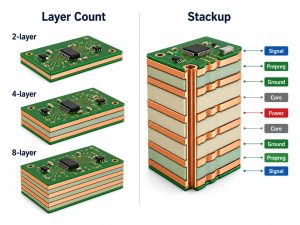 Comparison between PCB layer count and full PCB stackup construction