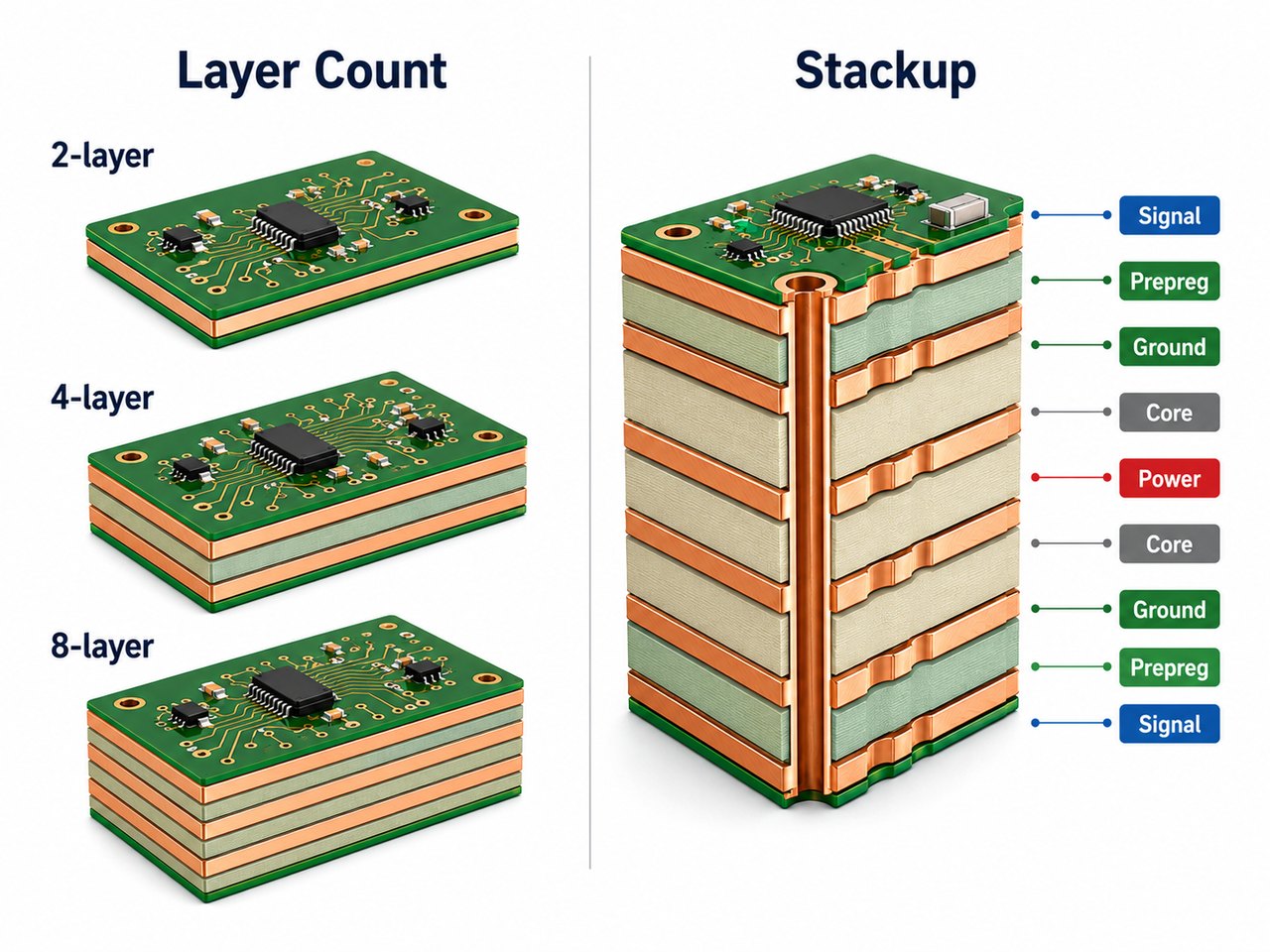 Comparison between PCB layer count and full PCB stackup construction
