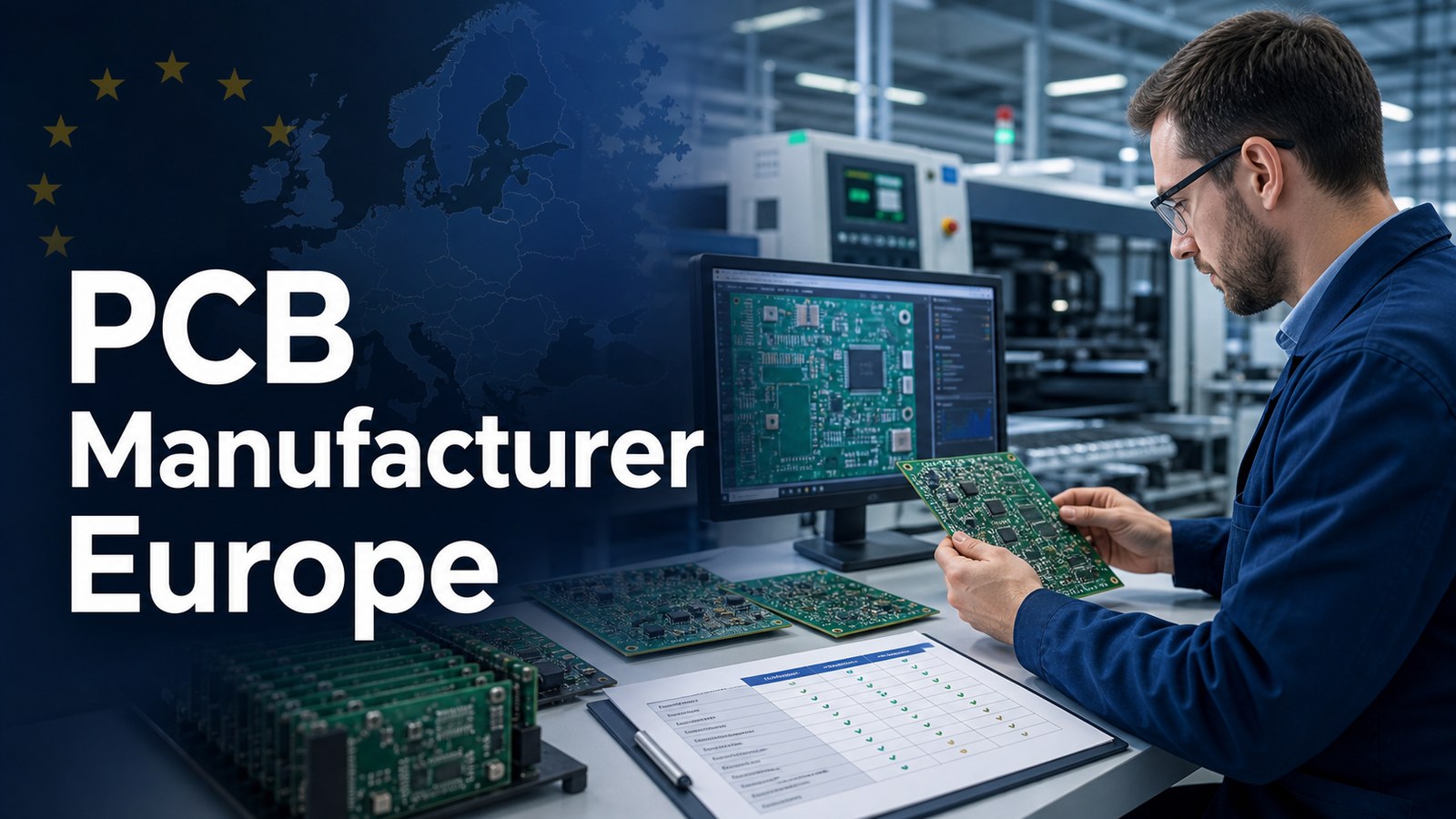 PCB manufacturer Europe supplier comparison with engineer reviewing circuit boards