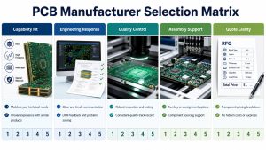 PCB manufacturer selection matrix for capability engineering response quality assembly and quote clarity