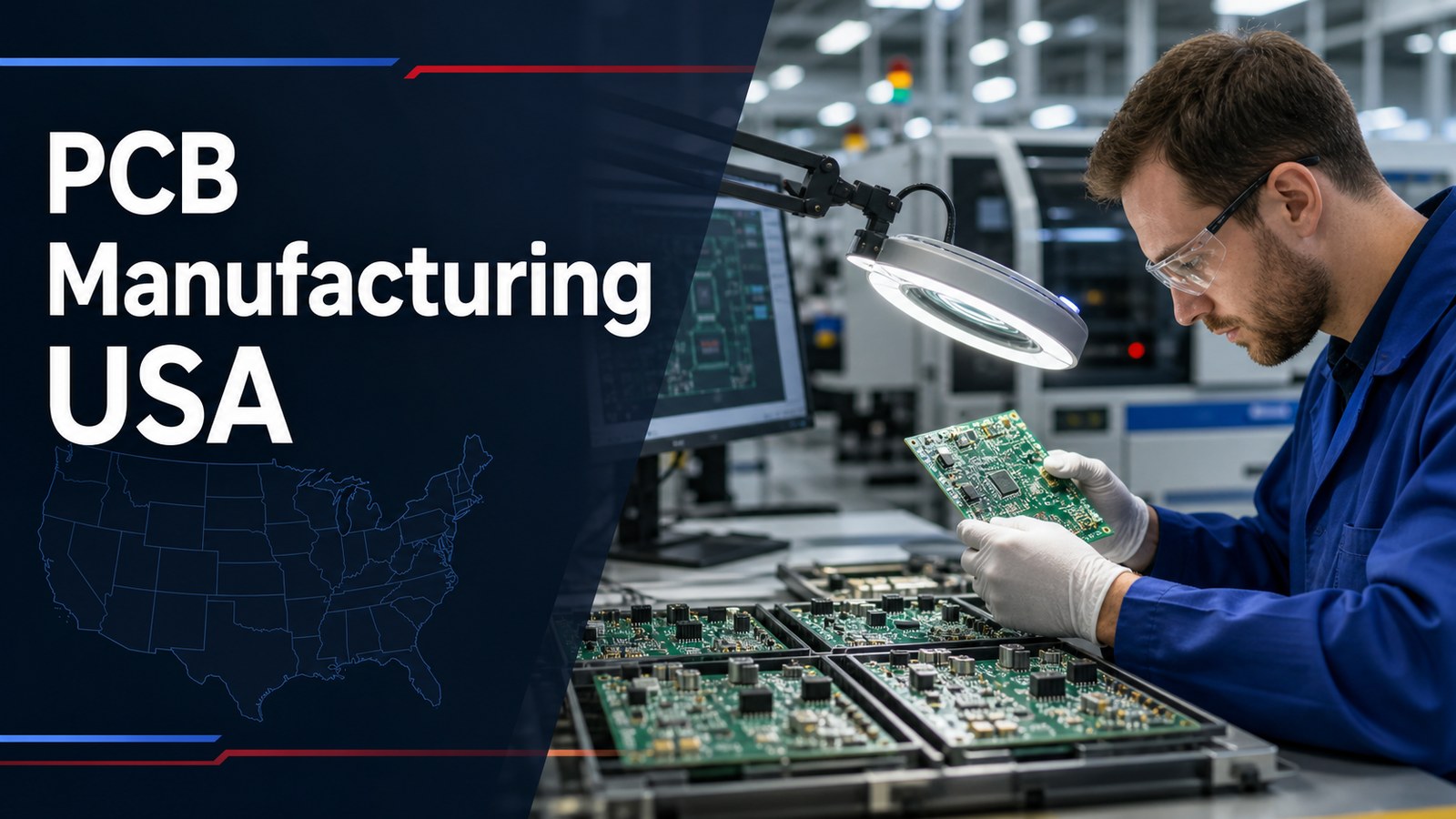 PCB Manufacturing USA supplier comparison with engineer inspecting circuit boards