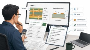 Engineer reviewing PCB stackup, material grade, Tg, Dk Df, copper weight, impedance and substitution requirements