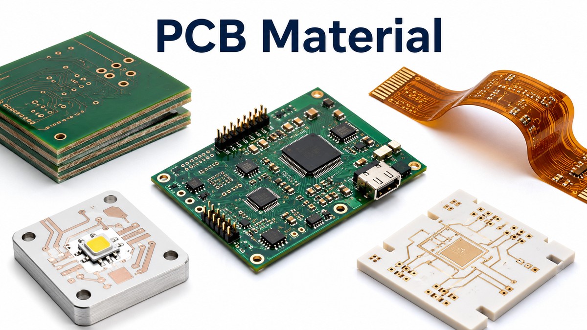 PCB material examples including rigid FR-4, flexible polyimide, metal-core and ceramic circuit boards