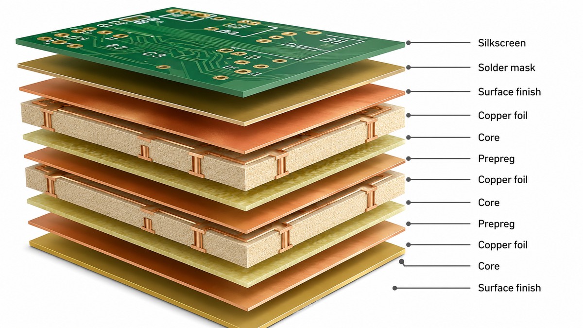 Exploded multilayer PCB showing copper foil, core, prepreg, solder mask, silkscreen and surface finish