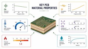 Key PCB material properties including Dk, Df, Tg, CTE, thermal conductivity and moisture absorption