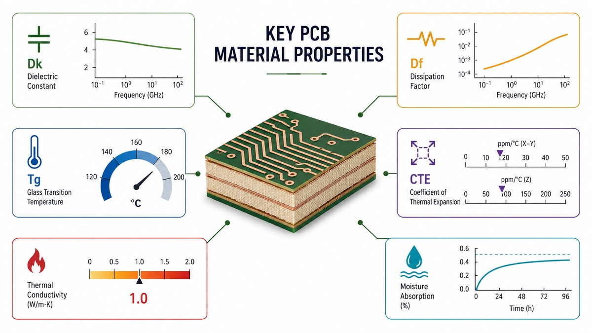 Key PCB material properties including Dk, Df, Tg, CTE, thermal conductivity and moisture absorption