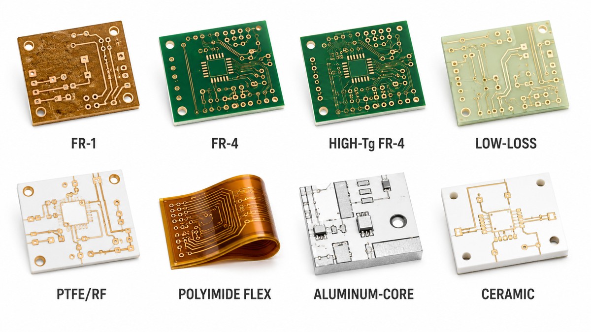 Comparison of FR-1, FR-4, high-Tg FR-4, low-loss, PTFE, polyimide, aluminum-core and ceramic PCB materials