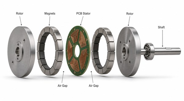 Labeled exploded diagram of rotor discs, magnets, PCB stator, air gaps, and shaft in a PCB motor