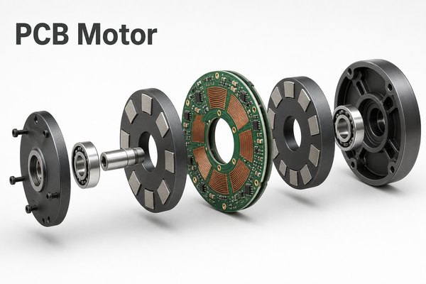 Exploded axial-flux PCB motor with a circular printed circuit board stator between magnet rotors