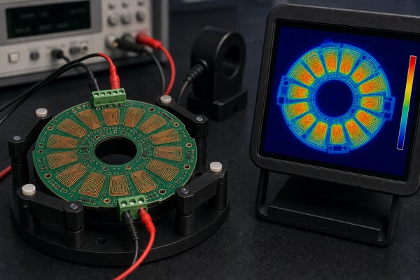 PCB motor stator under electrical load beside a thermal image showing heat along the planar copper coils