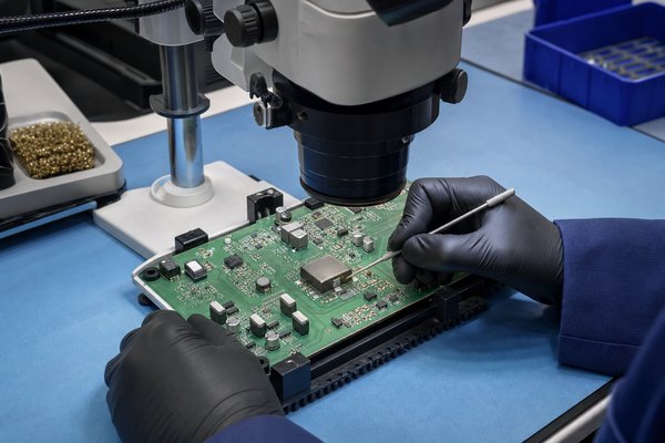 PCB-mounted inductor inspection under a stereo microscope after assembly