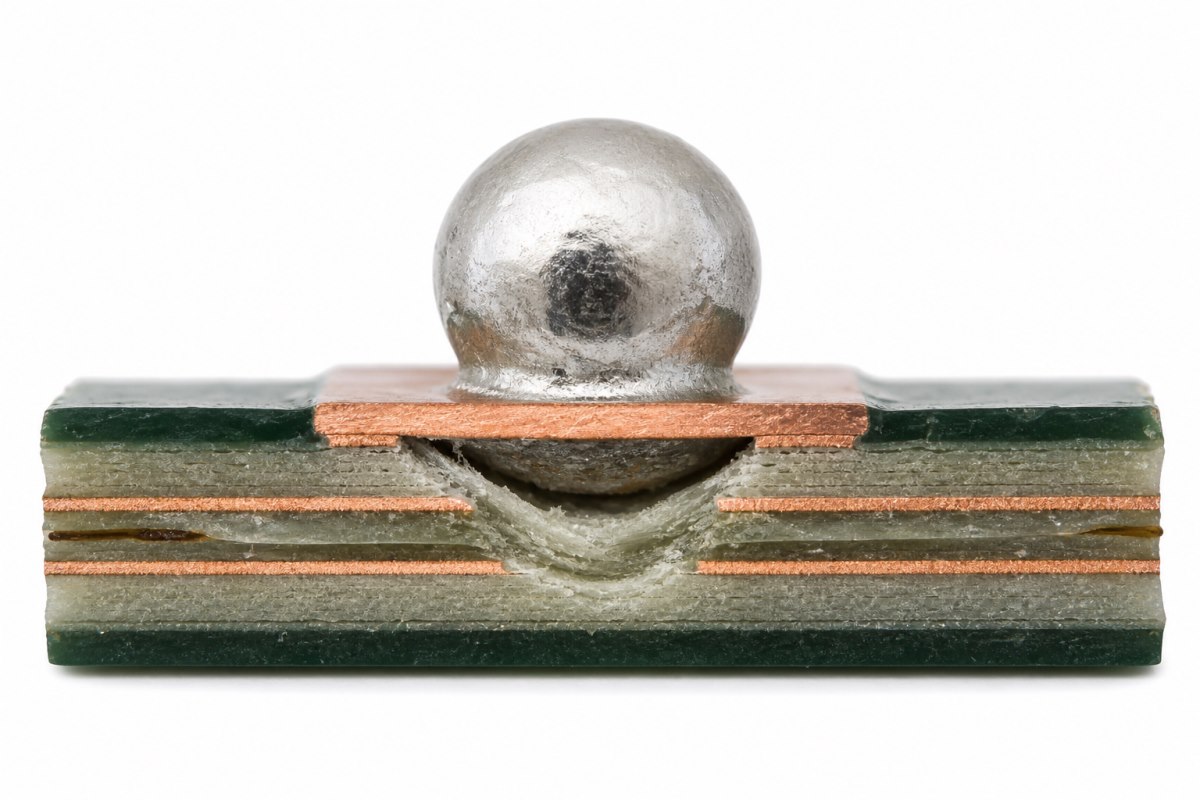 PCB pad cratering failure beneath a BGA copper pad