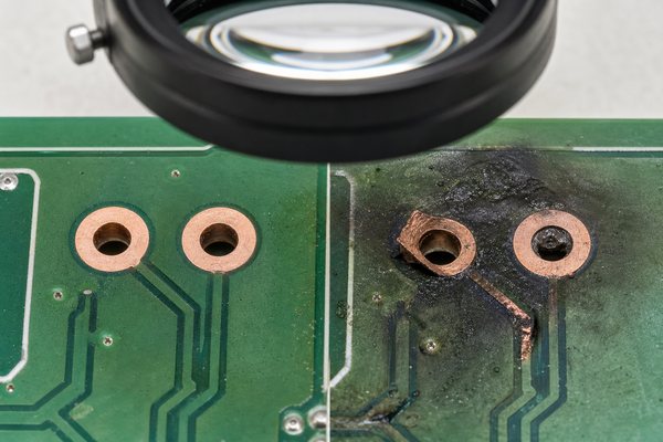 Intact PCB pads compared with lifted and overheated pads after battery removal