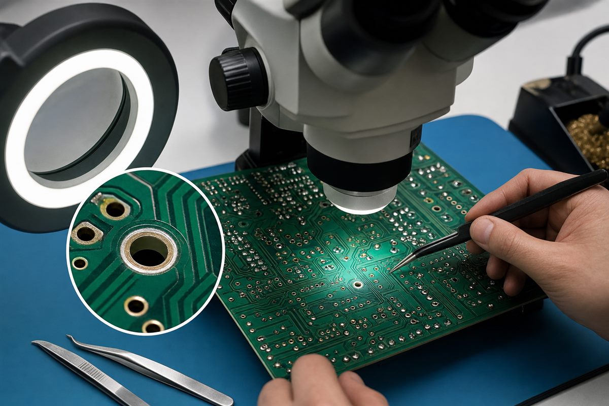 Microscope inspection of a clean plated through-hole and annular ring after PCB desoldering