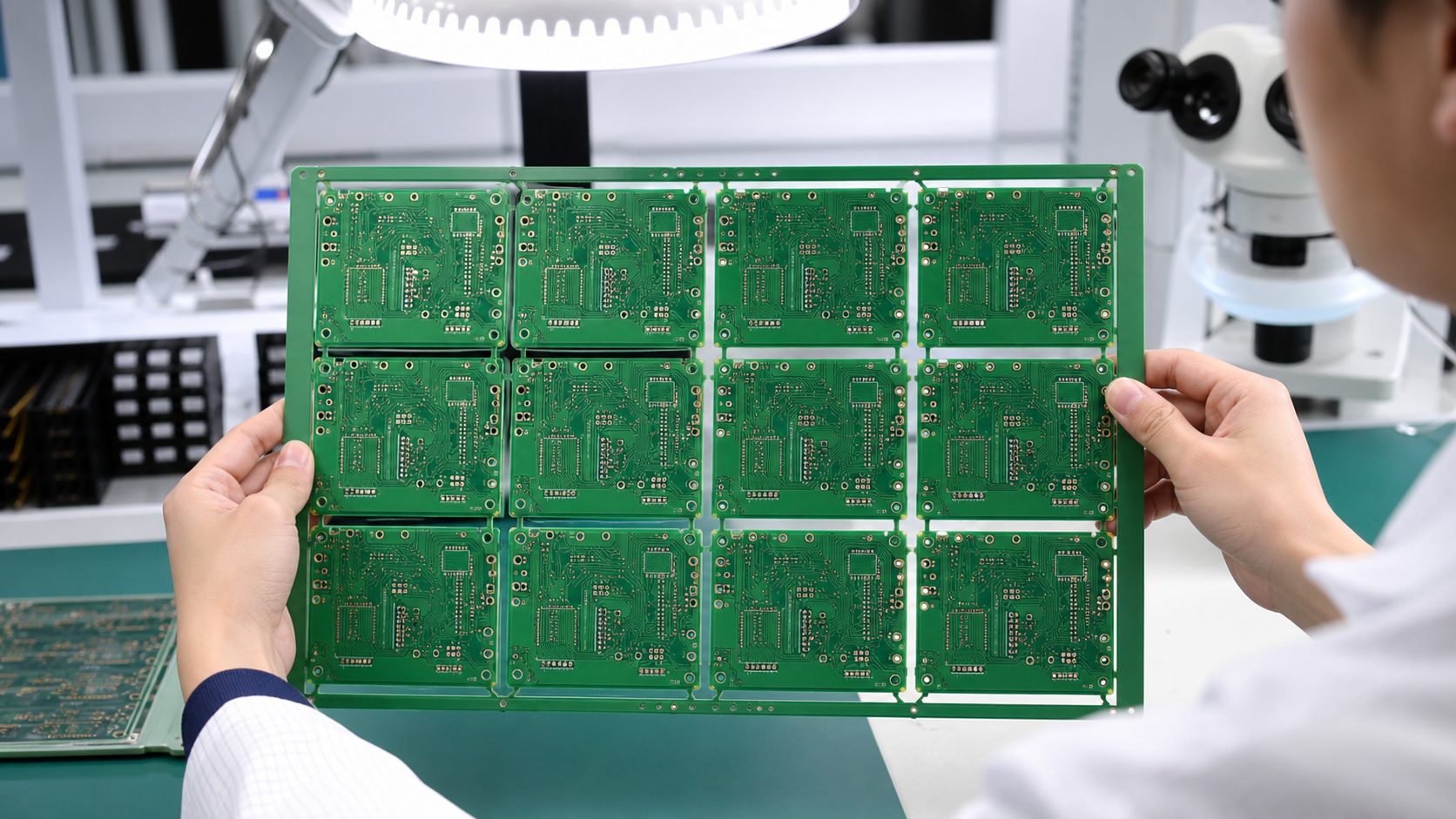 Engineer inspecting a twelve-up bare PCB production panel