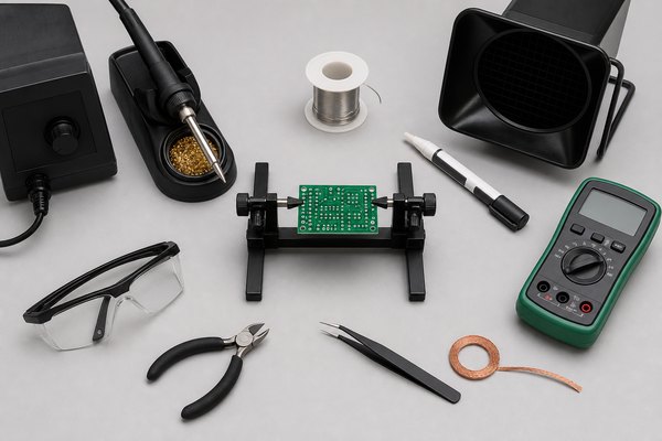 Tools for soldering a PCB including iron, solder, flux, holder and multimeter