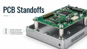 PCB standoffs supporting a populated circuit board above a metal enclosure