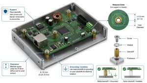 PCB standoff placement, keepout, clearance, grounding, and installation guidance