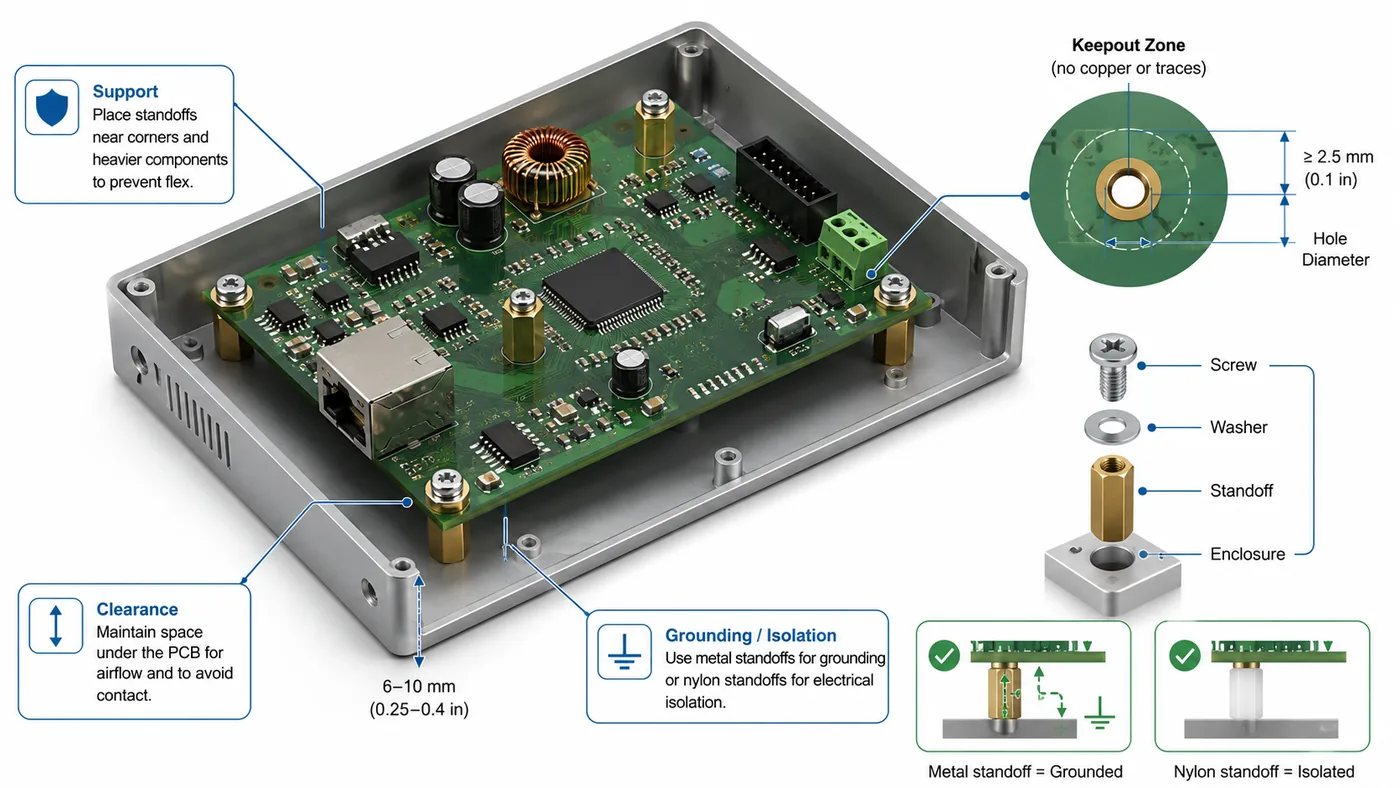 PCB standoff placement, keepout, clearance, grounding, and installation guidance