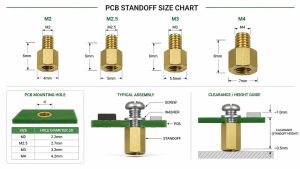 PCB standoff size chart showing M2, M2.5, M3, and M4 hardware and clearance